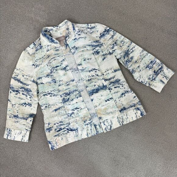 Chico’s Watercolor Linen Blend Open Front Topper Jacket White Blue Small - Picture 13 of 14